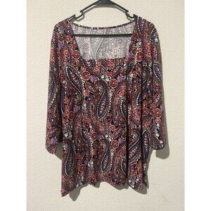Catherines Suprema size 1X Paisley Floral Square Neck 3/4 Sleeve Top Hippie 70s
